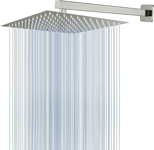 Voolan Ganzmetall-Duschkopf mit Verlängerungsarm, Edelstahl-Wasserfall-Regenduschköpfe, hoher Durchfluss, quadratischer Regenduschkopf (30,5 cm Duschkopf mit 40,6 cm Duscharm, gebürstetes Nickel)