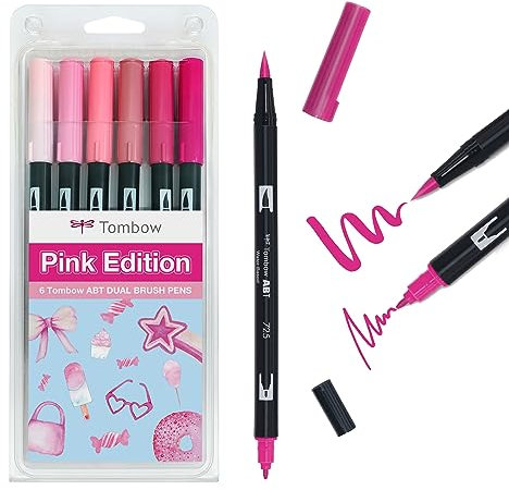 Tombow ABT Dual Brush Pen, Pink Edition, penna con due punte, perfetta per lettering manuale e bullet journal, acquerellabile, set da 6 pezzi