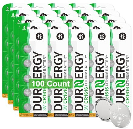 DURNERGY CR1616 3V Lithium Battery 100 Pack, Key Fob Battery CR1616 Lithium Coin Cell