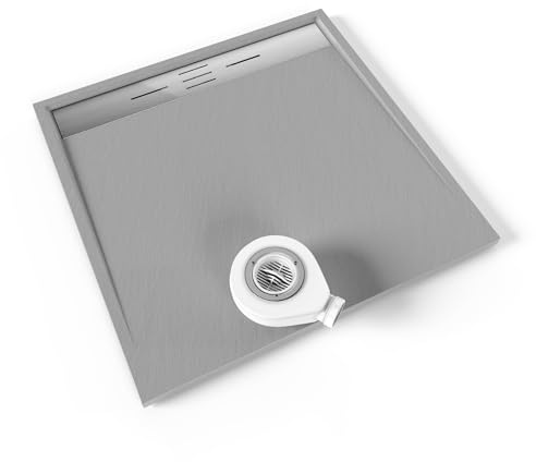 Moments of Glass SMC Duschwanne HIEMAL 100x100 cm Grau RAL7030 extra flache robuste Duschtasse mit ANTI-Rutsch-Oberfläche in Schieferoptik inkl. Ablaufgarnitur mit Edelstahl Deckel