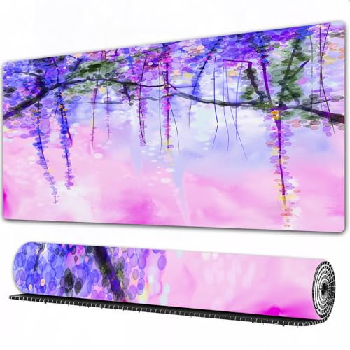 EOMKSE Mauspad Verlängertes großes Mauspad Schreibtischauflage,genähte Kanten Mauspad,Gummibasis,Abstrakte Blumen-Aquarellmalerei. Lila Frühlingsblumen Wisteria mit Bokeh-Hint,Gaming-Mauspad,40x75 cm