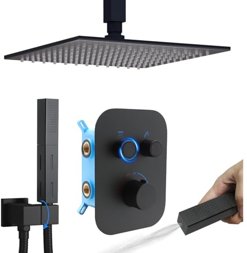 Delnet Upgraded Thermostatic Shower System with 10 Rain Shower Head - Dual Simultaneous Use, Adjustable Flow, Matte Black