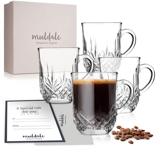Muldale Set of 4 Crystal Coffee Mugs - Irish Coffee Glasses for Hot Drinks with Handles - Hot Toddy Glasses - Liqueur Mugs - 330ml