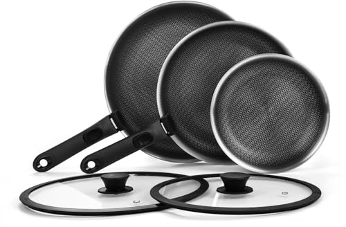 ROYDX Non Stick Frying Pan Set, 18/10 Stainless Steel Frying Pan Sets 20/25/30 cm, Two Lids and Removable Handles, Stackable, Easy Cleaning, All hobs Compatible Including Induction