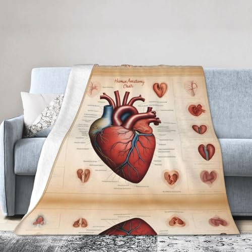 WZYWHJ Morbida coperta 101,6 x 76,2 cm, anti-rughe, ipoallergenica, compatta, pieghevole, leggera, durevole, con grafici a forma di cuore, con stampe di anatomia umana