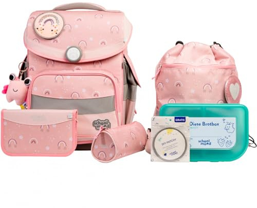 SCHOOL-MOOD Timeless Pro Leni hund skolväska set 7 delar 23,5 l lagringsutrymme, ergonomiskt Easy Fit-system för 1 m till 1,50 m kroppsstorlek, stabil, vattentätt tyg med reflektorer, Regnbåge