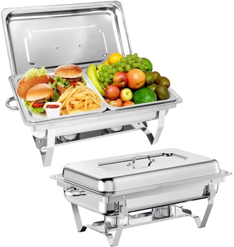 EVGTTI Food Warmer, Chafing Dish Buffet Set, 8QT/9L Buffet Servers with 2 Half Size Food Pans, Fuel Holders, Lids Foldable Frames,for Catering, Buffet, and Wedding Parties (2 PCS half size pan)