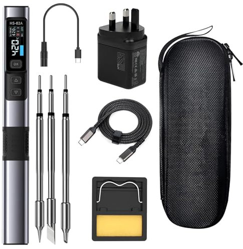 Treedix USB Soldering Iron Kit, Smart Soldering Iron with 65W PD Charger, 200cm Fast Charging USB Cable, Black Storage Bag and 3 Different Iron Tips for Precise Soldering, Adjustable Temperature