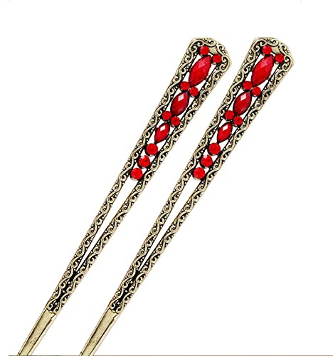palillo del pelo, 2 Piezas Palillos Chinos Japoneses for El Cabello for Moño Palillos for El Cabello Con Gemas Retro Accesorios for El Cabello for Mujeres Niñas Cabello Largo - Rojo(Red)