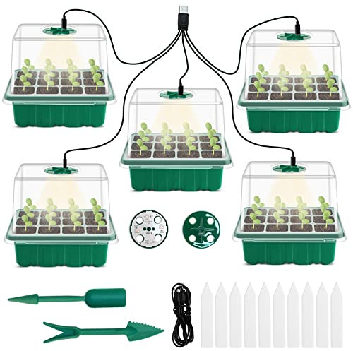 DOUUCO Mini serra per piante, set di 5 mini serre da coltivazione indoor con luce spettro pieno, vassoio per piantine vivaio, scatola per coltivazione durevole, con coperchio alto e ventilazione,