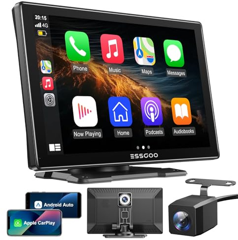 ESSGOO 9 IPS CarPlay Screen for Cars, Wireless A-pple CarPlay & Android Auto, 4K Front Dash Cam, 1080P Rearview Camera, Bluetooth 5.0, FM, Voice Assistant, 64GB TF Card Support, AUX