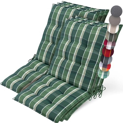 Beautissu 6er Set Premium Niedriglehner Auflage Gartenstuhl rutschfest | 100x50cm 8cm Dick Grün kariert robuster Stoff Polster Befestigungsbänder UV-Lichtechtheit 5 Gartenstuhlauflage Robust Sun-NL