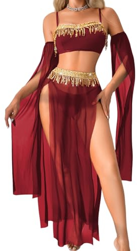ShawGobow Exotic Wear Dancer Outfits,High Slit Skirt Sexy Lingerie For Women,Belly Dance Costume Cosplay Festival Burgundy Medium