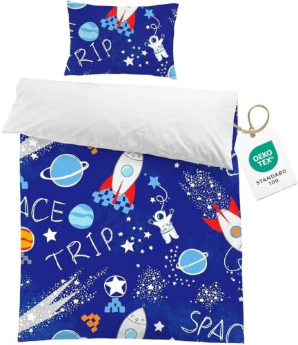 CINYE Outer Space Single Duvet Cover For Kids Toddlers Blue Bedding Set 135×200 cm Comes With 50×75 cm Pillowcase 3D Rockets Planets Stars Quilt Cover