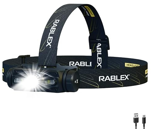 Rablex RB654 LED-Stirnlampe, 1000 Lumen Wiederaufladbare LED Kopflampe mit 4 Lichtmodi, Rotlicht & Sensor USB-Aufladung, IPX6 Wasserdicht Leicht & Kompakt Ideal für Camping, Wandern [Energieklasse A+]