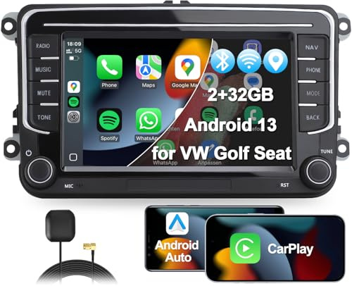 2 Din Car Stereo, 7 Car Radio for VW Golf, Passat, Seat, Touran, Skoda, Head Unit with CarPlay & Android Auto, Bluetooth Hands-free Calling, SWC, Voice Control, EQ, Mirror Link, GPS Navigation, FM