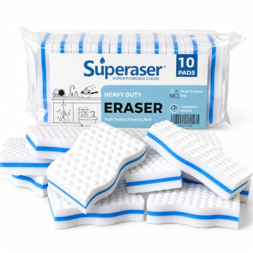 SUPERASER Magic Sponge Eraser, Tex-10 Scrub Melamine Sponges, 10 Pack | Heavy-duty melamine sponges remove tough marks without scratching on kitchens, bathrooms and more.