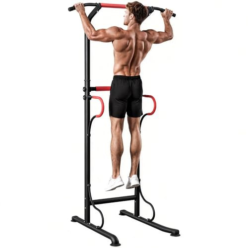 HOMCOM Power Tower Höhenverstellbar Dip Station mit Klimmzugstange | Saugnäpfe, Kraftstation Freistehend, Multifunktionale Kraftturm, Fitness Trainingsgerät, für Zuhause Home Gym