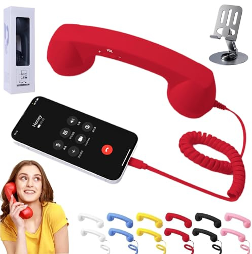 NNBWLMAEE Retro Phone Handset, Vintage Wired Handheld Cell Phone Receiver with Microphone, Bluetooth/Type-C Retro Telephone Style Landline Handle Receiver Cell Mobile Phones (Type-C,Red)