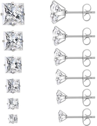 6 Pairs Square Stud Earrings for Women Men - Surgical 316L Stainless Steel & Cubic Zirconia (CZ), Cubic Zirconia Earrings Studs Set in 6 Sizes (3-8mm), Silver Minimalist Jewelry Gift