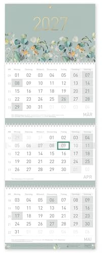 Häfft® 3-Monatskalender 2027 Wandkalender mit Schieber Minty Leaves | Bürokalender Wandplaner mit Goldprägung, Ferien & Feiertagen für DE und Jahresübersicht
