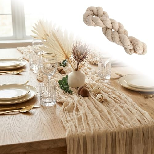Tischläufer Beige Käsetuch Tischläufer Musselin Tischläufer Hochzeit XXL 400 cm Boho Dekostoff Crinkle Design 2er Set für Lange Hochzeitstafel, Boho Tischdeko, Weihnachten & Vintage Party 90x400 cm