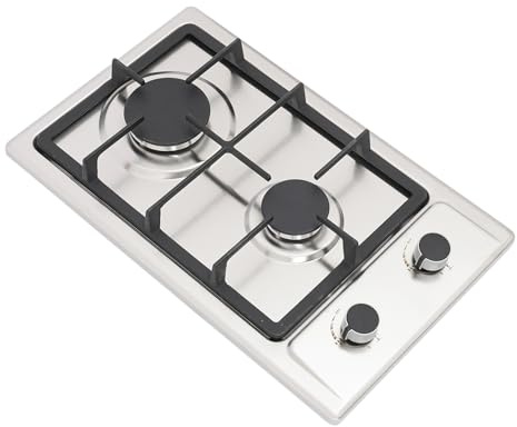 Gaskochfeld 2 flammig Kochfeld Edelstahl, Gaskocher 2 Flammig mit Gas Pipe und Pressure Reducing Valve, 3KW+1.75KW Gaskochfeld für Küche, Büro oder Camping, 51×31×10cm (Silber)
