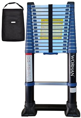 WORHAN Echelle 4.4m Télescopique Pro Aluminium STABILISATEUR RÉTRACTABLE Fonction Espacement Mural Intégrée Anodisé Solide Extensible avec Une Barre Stabilisatrice 440cm 1K4.4+Bag