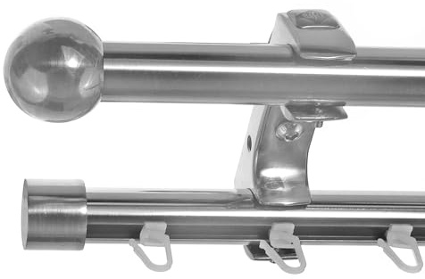 BASIT Gardinenstange Innenlauf Edelstahllook 20mm 2-läufig Decke 140cm D60 | Gardinenstangenset doppelläufig Deckenmontage Metall Vorhangstange Deckenhalterung 120-600cm wählbar Kappe Kugel E33