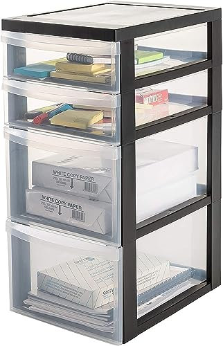 Iris Ohyama Kunststoff-Schubladenbox mit Rollen, 2 Tiefe und 2 Flache Schubladen, Schwarz, Griffe zum Ziehen, Für Schlafzimmer, Bad, Schule & Büro, BPA-frei, Schubladenschrank, Rollcontainer, DC-322