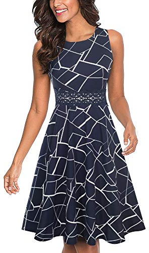 HOMEYEE Damen Vintage Rundhalsausschnitt ärmellosen Blumen Bestickt knielangen Cocktailkleid UKA079 (EU 44 = Size XXL, Stripe)