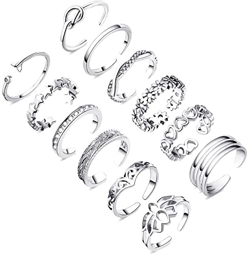 Honsny 12PCS 14K Silver Plated Toe Rings for Women Adjustable Band Rings Open Flower CZ Toe Ring Set Beach Foot Jewelry