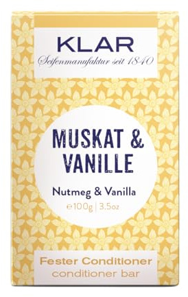 Klar Seifen fester Conditioner Muskat & Vanille 100g (für normales Haar), geeignet für normales Haar, 11179 | Fester Conditioner mit Muskat- und Vanilleduft, pflegend und ideal für die tägliche Pflege von normalem Haar geeignet.