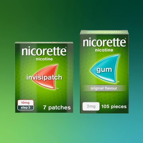 Nicorette Bundle: 1x Nicorette InvisiPatch 10mg, Step 3, (7 Patches) & 1 x 2mg Gum (105 Pieces), Original Flavour, Nicotine Gum & Quit Smoking Aid, All Day Craving Relief