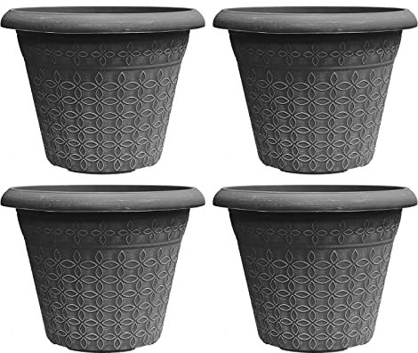simpa Geometric Petals Plastic Plant Pots - GREY, Set of 4 Pots - 25.5cm (H) x 34cm Diameter