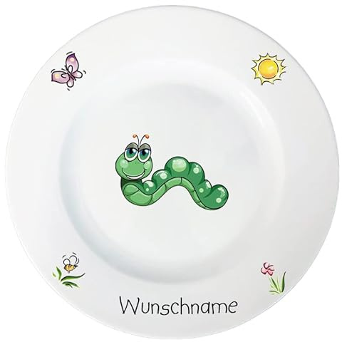 Doriantrade Speiseteller 27cm Kinderteller Teller Porzellan Raupe personalisierbar mit Wunschname Name Kindergeschirr mit Namen personalisiert