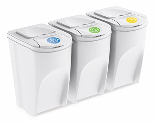 Spetebo Sortibox Mülleimer mit Deckel 35 L - 3er Set/weiß - Stapelbares Müll Trennsystem - Abfall Sortierer Trenner Sytem Trennkörbe stapelbar mit Klappe