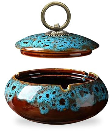 Keramischer Aschenbecher mit Deckel, Zigarettenaschenbecher für drinnen und draußen, Schreibtischdeko für Haus und Büro (Blau)