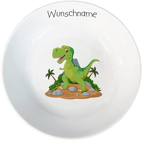 Doriantrade Kinder Müslischale Breischale Schale Porzellan Tiermotive personalisierbar mit Wunschname Name Kindergeschirr mit Namen personalisiert (Dinosaurier)
