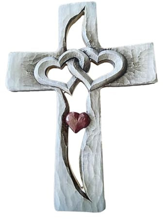 Fenteer Geschnitzte Holzkreuzskulpturen, verschlungenes Herz, christliches Kreuz, für Dekoration, Hochzeit, Verlobung, Kinder, Lehrer, Standard-Rotes Herz