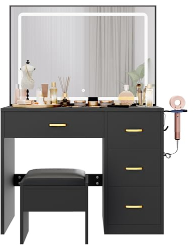 YITAHOME Dressing Table & stool set,Vanity Desk w/ 3-Color Lighting Modes LED Lights Mirror,Lights Brightness Adjustable,Vanity Table with 4 Drawers,Power Outlet,Black Makeup Desk for Bedroom