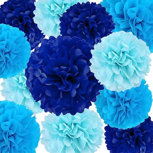 Blue Tissue Paper Pom Poms 12Pcs- Hanging Paper Flowers for Wedding Birthday Graduations Christmas and Special Occasions(8 &10 & 12 inch) ﻿
