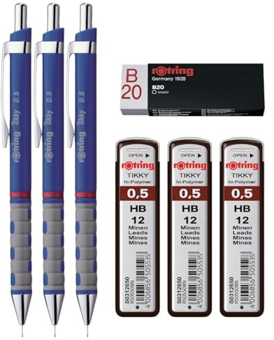 rOtring Tikky Druckbleistifte-Set, HB 0,5 mm, dunkelblaue Barrels, Nachfüllungen und Radiergummi