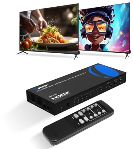 OREI 4K HDMI matrisomkopplare 4 x 2, omkopplare 18G UltraHD med båge stöder upp till 4K @ 60Hz och 1080P IR-fjärrkontroll – fullständigt matrisval