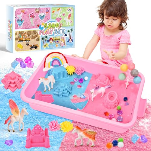 Herenear Kit di Sabbia Cinetica Unicorno - 1KG Sabbia Magica (Rosa e Blu), 4 Figure, 30 Accessori, Regalo per Bambini da 3 a 7 Anni