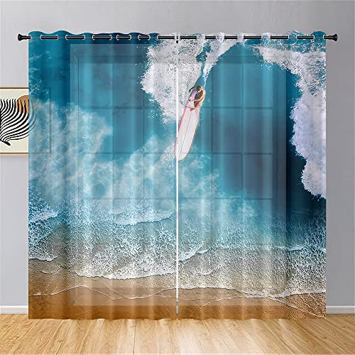 Lukery Vorhänge mit Ösen, Transparent Vorhänge Wohnzimmer 2er Set, Surfen Halbtransparent Gardinen Vorhänge Durchsichtig für Fenster Küche Wohnzimmer Landhaus (55x95cm,Türkis)