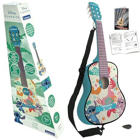 Lexibook, Disney Stitch, Ma première Guitare Acoustique en Bois, 6 Cordes en Nylon, 78 cm, Guide d'apprentissage, médiator et Sangle fournis, Bleu, K2000D