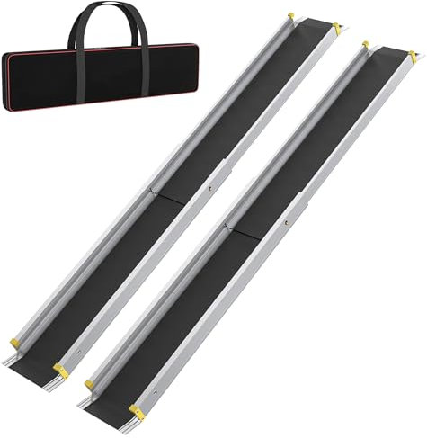 ROSEJANE Lot de 2 rampes réglables en aluminium pour fauteuil roulant - Pliable - Antidérapantes - Avec poignée de transport et sac de rangement - Pour escaliers, marches et trottoirs - 91 à 152 cm