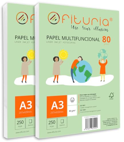 Packung mit 500 weißen DIN A3 Blättern, 80g Druckerpapier. Multifunktionales Kopierpapier für Schule und Büro. Ideal für Laserdrucker, Tintenstrahldrucker oder Kopierer – Ofituria