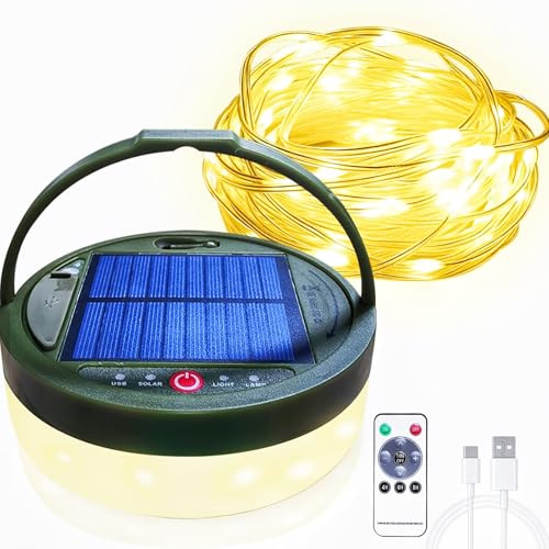 Catena Luminosa Solare da Campeggio, 12M Stringa di Luci da Campeggio 8 Modalità Luci Solari Esterno Campeggio con Telecomando Catena Luminosa da Campeggio Arrotolabile per Giardino Tenda Feste